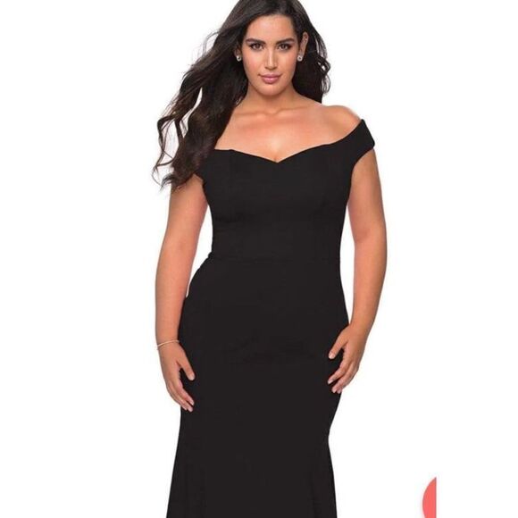 NWT La Femme Fashion 29863 Black tie trumpet dress off the shoulder w/train prom - Picture 1 of 8